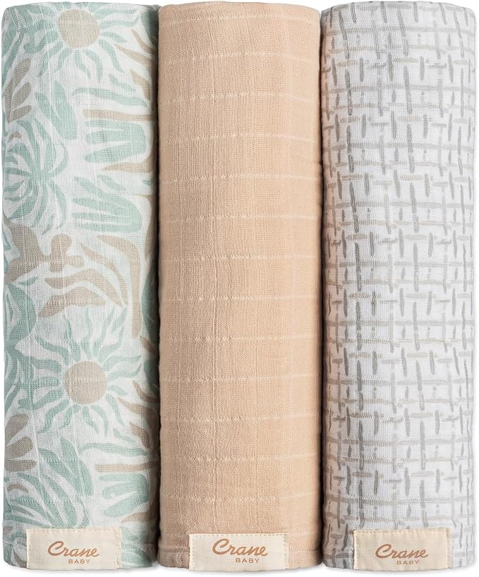 Crane Baby 100% Cotton Muslin Swaddle Blankets, Beach Life Starfish, Set of 3, 47" x 47", Swaddles for Newborns, Baby & Girls