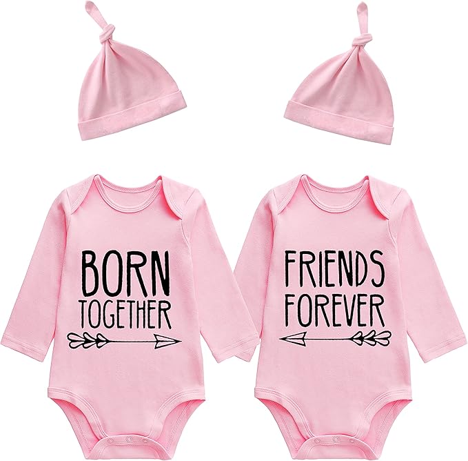 YSCULBUTOL Baby Twins Bodysuits Best Friends Forever Baby Clothes Set with Bibs Girl Outfit with hat