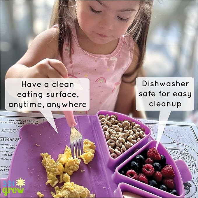 On-The-Go Snack Mat – Baby Silicone Travel Dining Placemat – Portable Silicone Toddler Plate – Reusable Snack Container with 3 Compartments and Lids for 6 Months + (Plum)