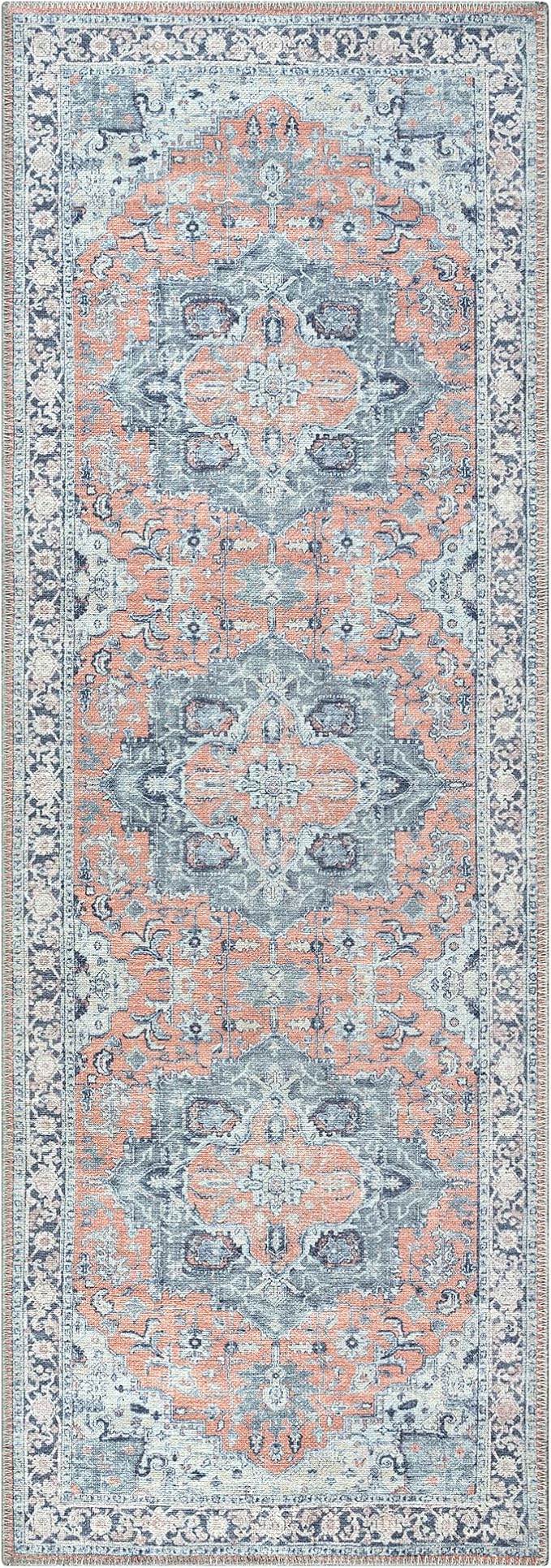 Bloom Rugs Washable Non-Slip 10 ft Runner - Coral/Blue Traditional Medallion Runner for Entryway, Hallway, Bathroom, and Kitchen - Exact Size: 2.5' x 10'