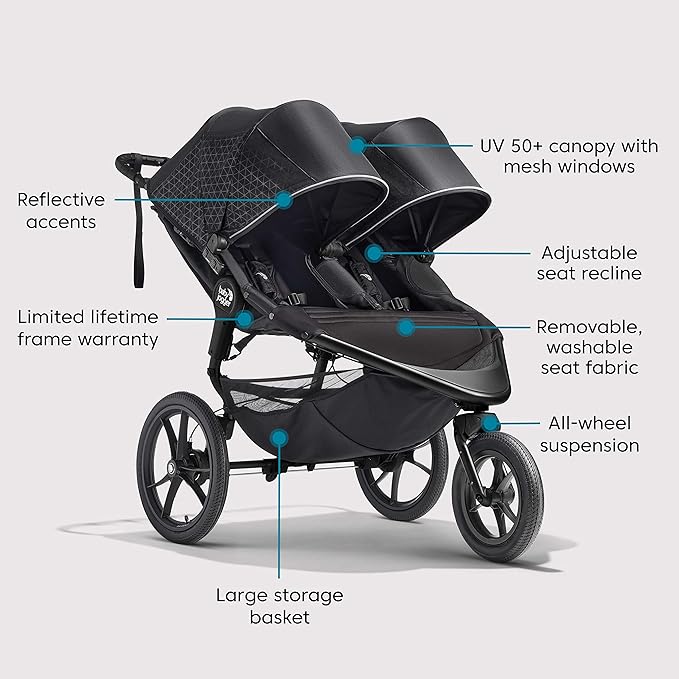 Baby Jogger Summit X3 Double Jogging Stroller Midnight Black Buggy for Two Smooth Ride for Walking or Jogging Compact Fold Increased Airflow All-Terrain Air Filled Tires and All-Wheel Suspension