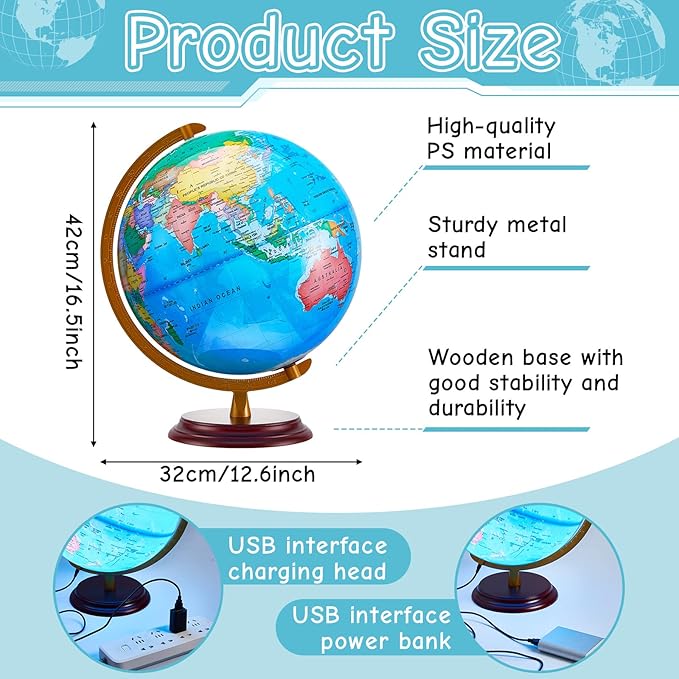 Amylove 13'' Illuminated World Globe for Adults 720°/360° Rotation Rewritable Light Up Globe with Stand World Map for Interactive Learning Light with Base Lamp LED Decor(Wood,Classic)