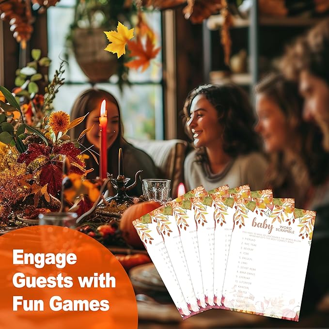 Baby Shower Games Cards, Autumn Word Scramble Game, Thanksgiving Boy or Girl Baby Gender Reveal Party Favors Decorations and Supplies, 25 Pcs Double-Sided - E07