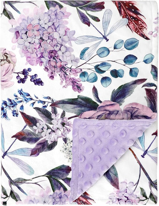 Purple Baby Blankets, Floral Minky Toddler Blanket for Boys Girls, Dotted Backing, Double Layer, Crib Receiving Blanket, for Nursery/Stroller/Toddler Bed/Carseat, 30 x 40 Inch