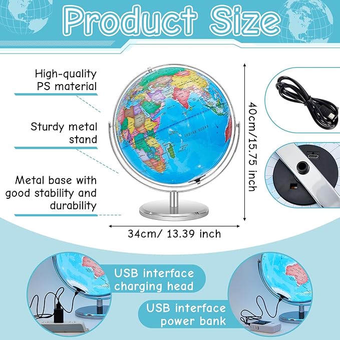 Amylove 13'' Illuminated World Globe for Adults 720°/360° Rotation Rewritable Light Up Globe with Stand World Map for Interactive Learning Light with Base Lamp LED Decor(Metal,Practical)