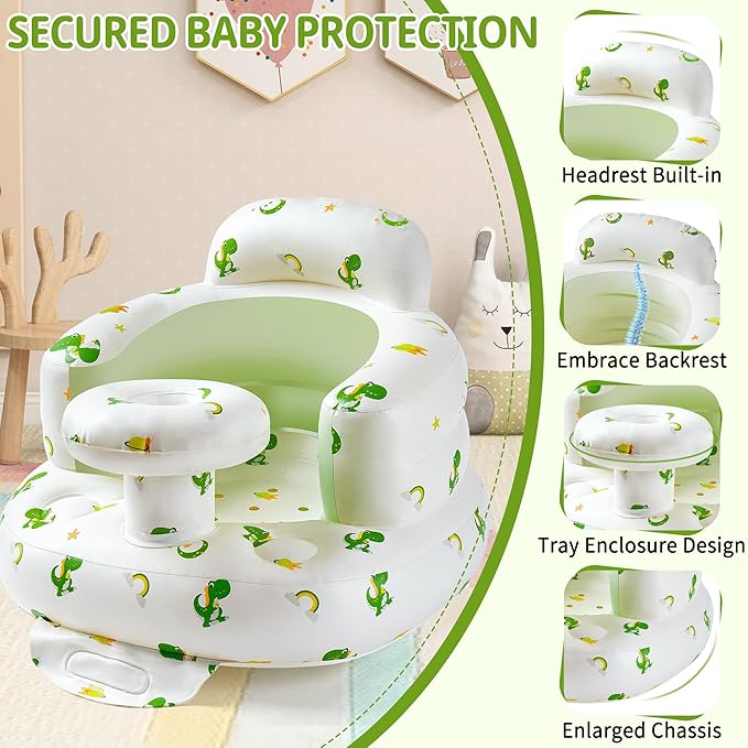 Inflatable Baby Seat with Tray, Comfortable Sit Me Up Baby Chair for Learning to Sit, Built in Air Pump Blow Up Floor Seat with Back Support 3 Months & Up (Dinosaur with Tray)