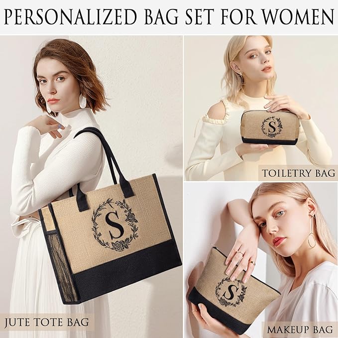 MAYICIVO Personalized Initial Jute Tote Bag & Makeup Bags Set, Large, Jute, Female, Adults, Women, Gift, Spring, Summer