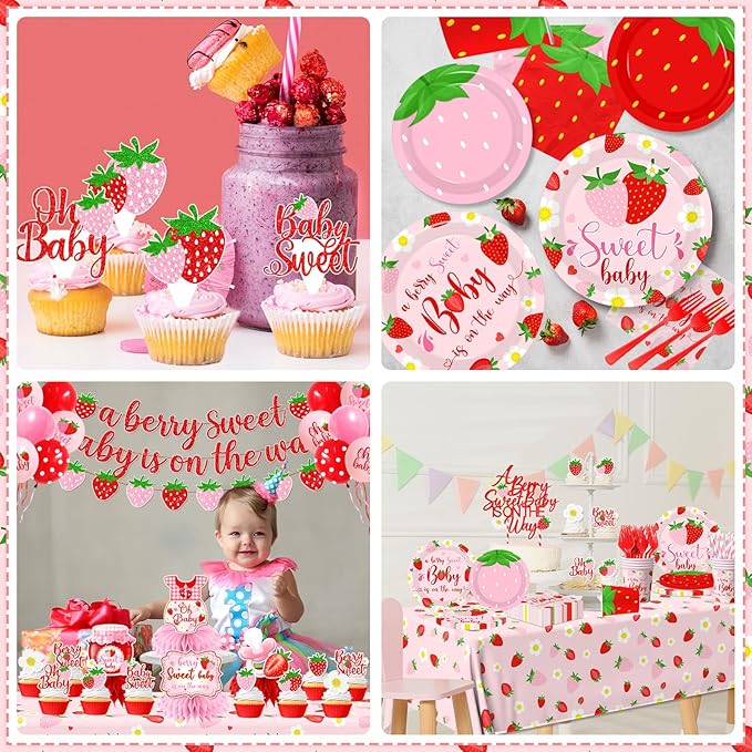 Strawberry Baby Shower Decorations for Girls, 190Pcs A Berry Sweet Baby is on the Way Party Supplies with Plates, Napkins, Cups, Banner, Tablecloth, Balloons, Cake Toppers, Honeycombs Serve 24