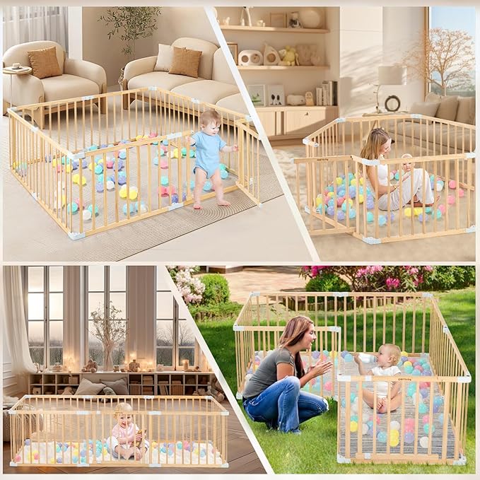 Wooden Baby Playpen with Door, Changeable & Expandable Play Fence for Toddlers, Large Wood Playpen Safety Baby Gate Playard, Safe Play Area Kids Activity Center Indoor Outdoor(26" Tall, 8-Panel)