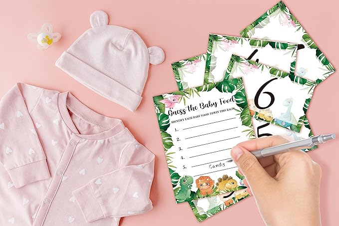 Baby Shower Game Set, Find The Baby Food Party Game(1 Standing Sign + 20 Answer Cards + 6 Number Cards), Safari Jungle Games for Boys and Girls, Dinosaur Gender Reveal Party Decor(A04)