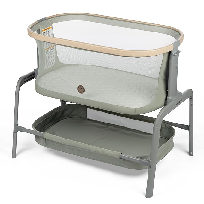 Maxi-Cosi Iora Baby Bassinets Bedside Sleeper, Portable Bassinet, Infant Bedside Sleeper Crib, Height Adjustable, Breathable Mesh, Large Storage Basket, Classic Green
