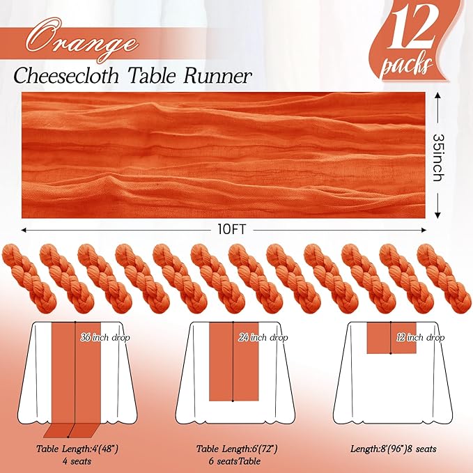 12Pack Orange Table Runner 10FT Cheesecloth Table Runner 35x120inch Cheese Cloth Table Runners Rustic Boho Gauze Fall Table Runners for Party Wedding Birthday Dining Bridal Shower Baby Shower Decor