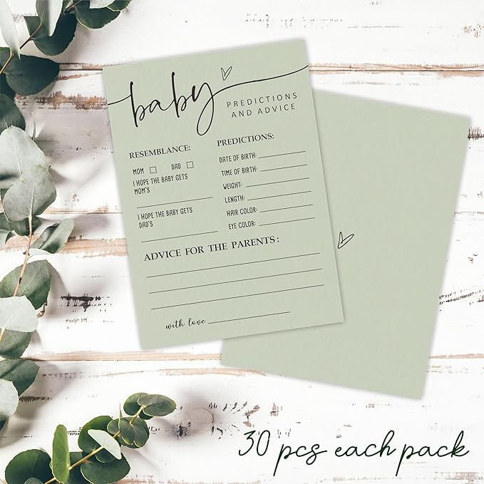 Sage Green Baby Shower Game Cards - Advice & Predictions, Double-Sided Design, 30 Gender Neutral Cards for Shower Party, Announcement, Advice for Parents, Party Favor & Decor - C01