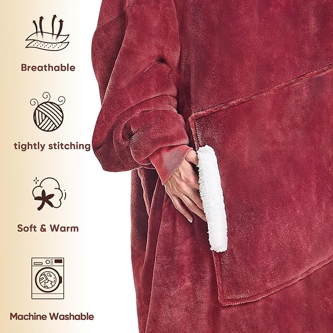 yescool Wearable Blanket Hoodie - birthday gifts for Adults/Women/mom, Flannel Cozy Sherpa Fleece Blanket Sweatshirt with Hood, Pocket & Sleeves, Large, One Size Fits All (Red)