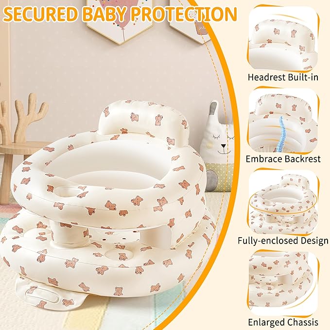 Inflatable Baby Seat for Babies 3-36 Months, Sit Up Chair Built in Air Pump Blow Up Infant Back Support Floor Seat for Bebe 3 Months & Up, Large Space Inflatable Baby Chair (Biscuit Bear-Large)