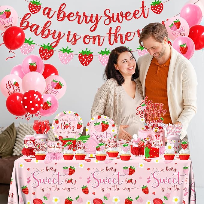 Strawberry Baby Shower Decorations for Girls, 190Pcs A Berry Sweet Baby is on the Way Party Supplies with Plates, Napkins, Cups, Banner, Tablecloth, Balloons, Cake Toppers, Honeycombs Serve 24