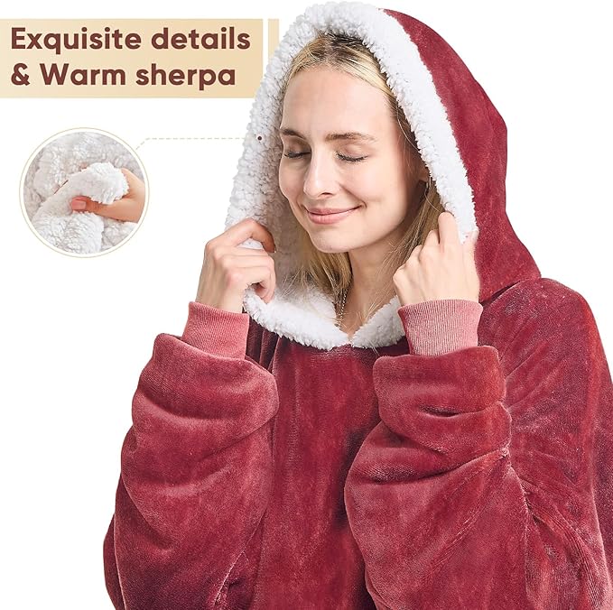 yescool Wearable Blanket Hoodie - birthday gifts for Adults/Women/mom, Flannel Cozy Sherpa Fleece Blanket Sweatshirt with Hood, Pocket & Sleeves, Large, One Size Fits All (Red)