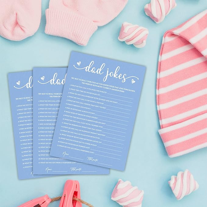 EXW Dad Jokes Baby Shower Game Cards, Funny Baby Shower Games, Baby Shower Guessing Games,Blue Minimalism Game Cards, Party Supplies & Decorations, 30 Game Cards & 1 Answer Card -B06