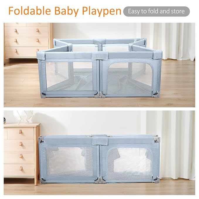 Cholena 79"x59" Foldable Baby Playpen with Bottom – Play Yard for Contained Play Space, Indoor Safety Fence with Zipper Door(Light Grey)