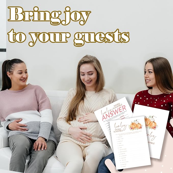 Baby Shower Games, Thanksgiving Baby Word Scramble + 1 Answer Card, 25 Sets Baby Gender Reveal Party Decorations Supplies - E07