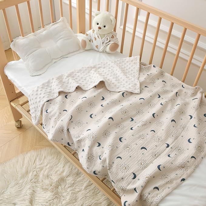DaysU Baby Blankets Unisex with Muslin Cotton Front and Dotted Fleece Back, Silky Micro Super Soft Plush Newborn Baby Blankets for Boys Girls, Bed Blanket Bed Throws, Star Moon, 30x40 inches