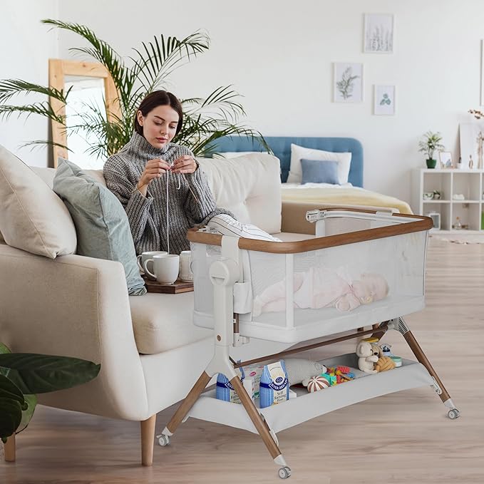 Bassinet Bedside Sleeper, Rocking Bassinet for Baby, 3 in 1 Crib with 6 Adjustable Height,Breathable Mesh and Lockable Wheels, Baby Must Haves for Newborns