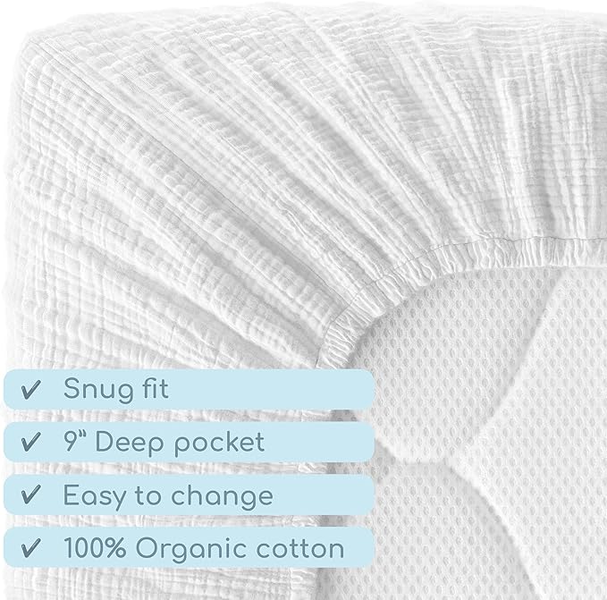 Muslin Crib Sheets, 100% Organic Cotton, Breathable and Ultra-Soft, Standard Crib Sheet Mattress (28"x 52") for Girls and Boys, Neutral Fitted Baby Crib Sheet (White)