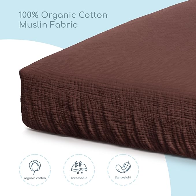 Muslin Crib Sheets, 100% Organic Cotton, Breathable and Ultra-Soft, Standard Crib Sheet Mattress (28"x 52") for Girls and Boys, Neutral Fitted Baby Crib Sheet (Dark Brown)