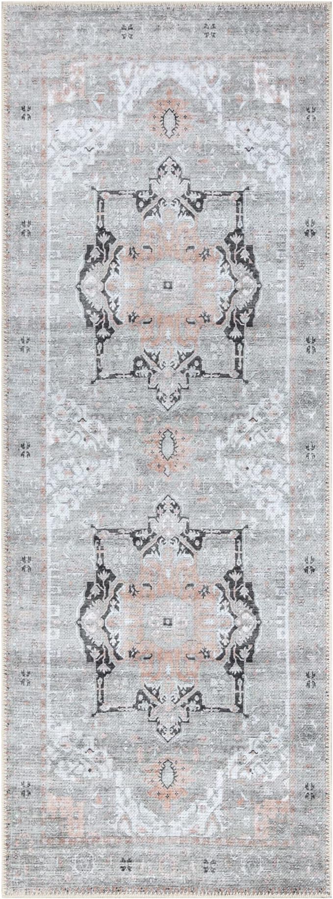 Bloom Rugs Washable Non-Slip 7 ft Runner - Gray/Coral Pink Traditional Runner for Entryway, Hallway, Bathroom, and Kitchen - Exact Size: 2.5' x 7'
