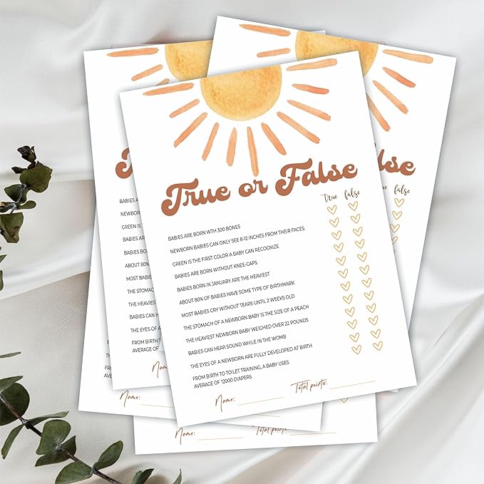 True or False Game Kits For Baby Shower - 30 Double-Sided Fill In Watercolor Sunshine Style Game Cards 1 Answer Card For Gender Reveal, Baby Announcement, Party Favor & Supplies - C07
