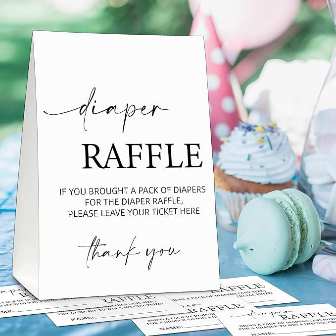 Baby Shower Game Card Set, Diaper Raffle Tickets and Sign, Modern Black and White 1 Sign and 50 Cards, Minimalist Boy Girl Gender Neutral Baby Shower Supplies-B01