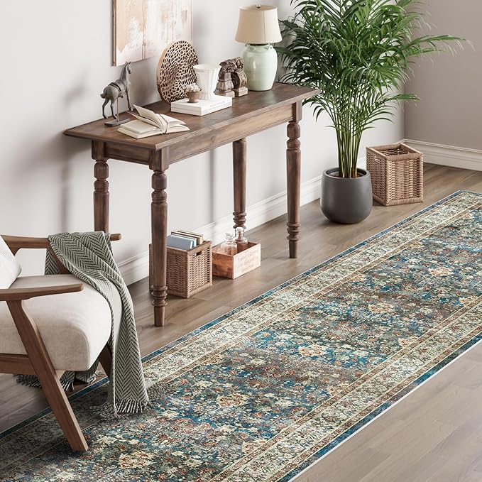 Dripex Hallway Runner Rug 2x10, Washable Rug Kitchen Rug Non Slip with Rubber Backing Soft Thin Vintage Carpet Runner for Entryway Bedroom Bathroom Laundry Room Living Room Decor, Blue/Green