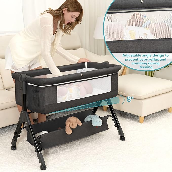 Baby Bassinet, Bedside Bassinet for Baby, 3 in 1 Bassinet Bedside Sleeper with Wheels, Mosquito Net, Adjustable Easy Folding Portable Bed for Infant Newborn (Dark Grey)