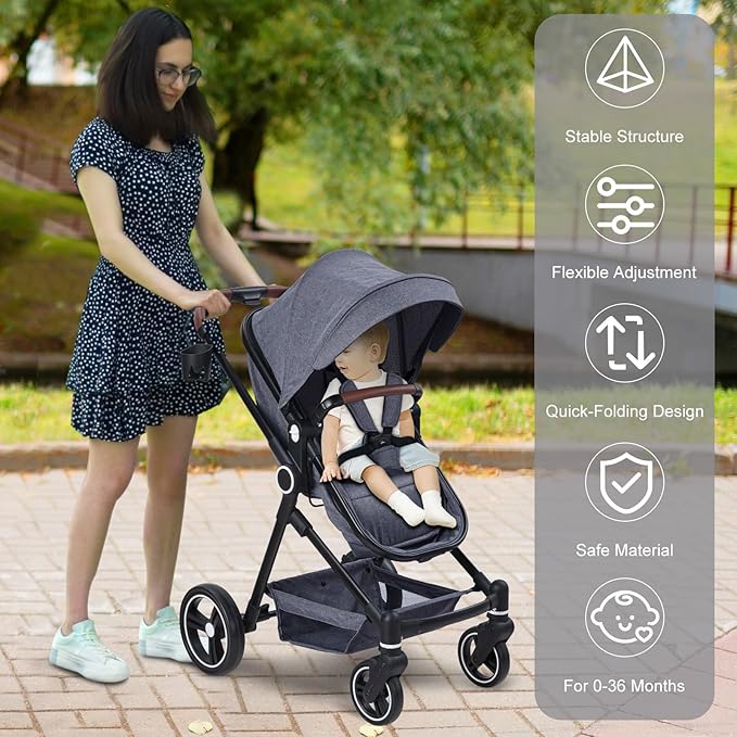 2 in 1 Baby Stroller for Toddler 0-3, Bassinet Stroller for Toddler and Newborn with Large Storage Basket, Shock Absorbing, Removable Seat, Cup Holder