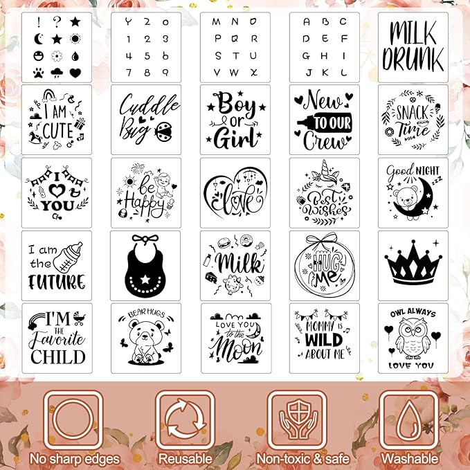 Panitay 126 Pcs Baby Shower DIY Bodysuit Set Rustic Kraft Baby Shower Game Sign DIY Bib 25 Blank White Newborn Bodysuit 25 Stencils 24 Marker 1 Sign 50 Pins for Gender Reveal(Floral)