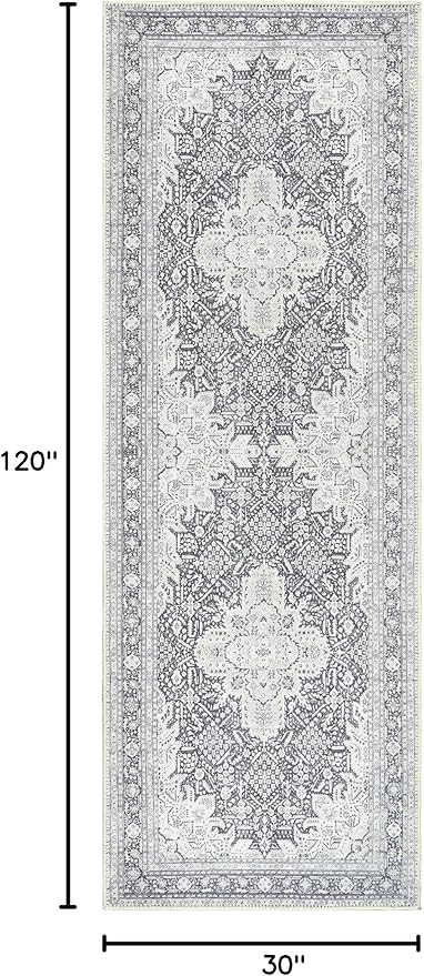 Bloom Rugs Washable Non-Slip 10 ft Runner - Charcoal Blue Traditional Medallion Runner for Entryway, Hallway, Bathroom, and Kitchen - Exact Size: 2.5' x 10'