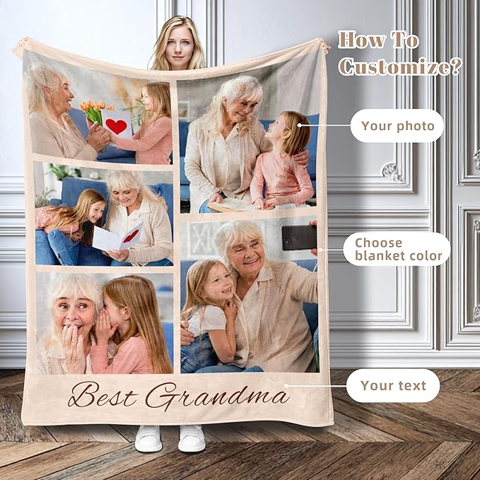 Custom Personalized 9 Photo Collage Blanket Thow Gifts with Text, Customized Pictures Blankets Gift for Christmas Birthday Thanksgiving Adults Kids Dad Mom Girlfriend Boyfriend (5 Grandma)