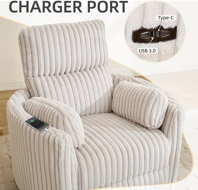 Power Swivel Glider Rocking Recliner Nursery Chair with 2 Pillows, Electric Rocker Reclining Chairs with Type-C & USB Charger Port for Living Room, High Back Barrel Armchair for Bedroom,Corduroy,Beige