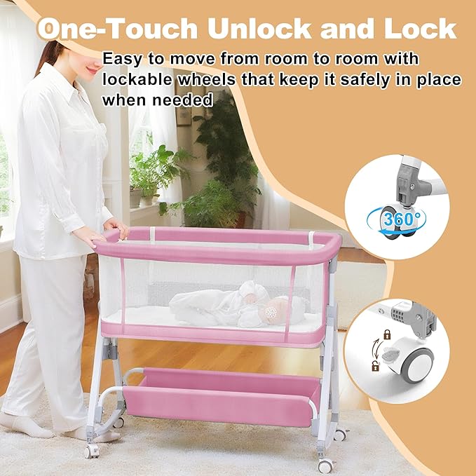 Baby Bassinet,3 in 1 Bedside Bassinet for Baby with Hanging Toys, Portable Foldable Baby Bassinets Bedside Sleeper,4-Sided Mesh Bedside Crib with Wheels and Storage Basket,6 Height Adjustable (Pink)
