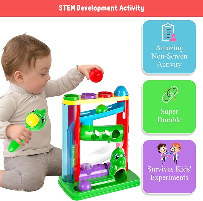 WALA - Pound a Ball Dinosaurs Toy - Super Durable Toddler Girls and Boys Toys - Comes with Ball Tower, Ball, Hammer, and 7 Dinosaur Toys for Kids - Educational Baby Hammer Toy - STEM Development