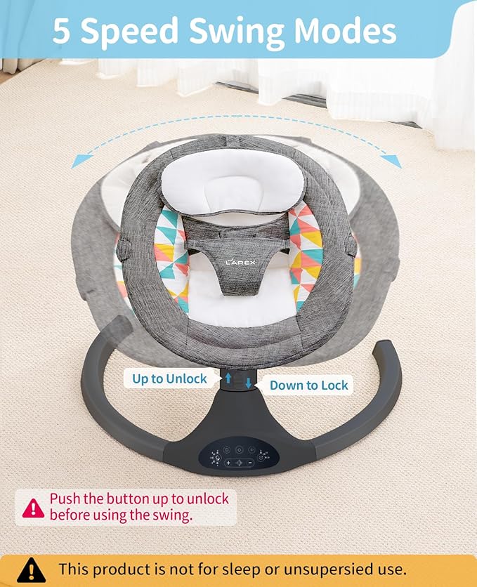 LAREX Baby Swings Electric Baby Swing Bluetooth Infant Swing Portable Rocker with 5 Speeds, 1 Seat Position, Remote Control, Dark Grey