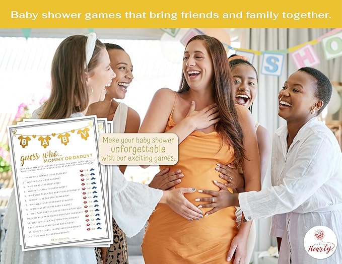 Party Hearty Baby Shower Games for Girl or Boy, 50 pcs Mommy or Daddy Guess Who Game, Fun Activity Cards, Gender Neutral, Ideas