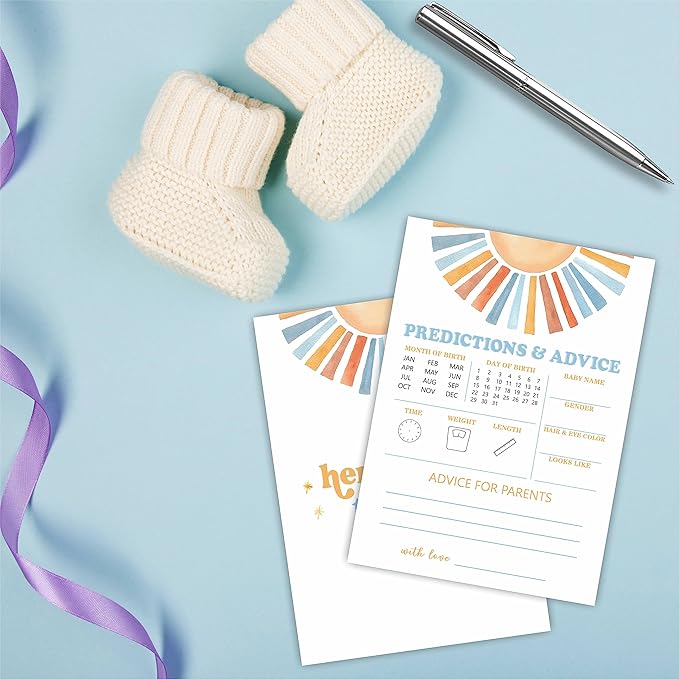 Retro Sunshine Predictions & Advice Baby Shower Game Kit - Here Comes The Sun - 30 Double-Sided Fill In Game Cards For Baby Shower, Gender Reveal Party Favor, Activity & Supplies - A02