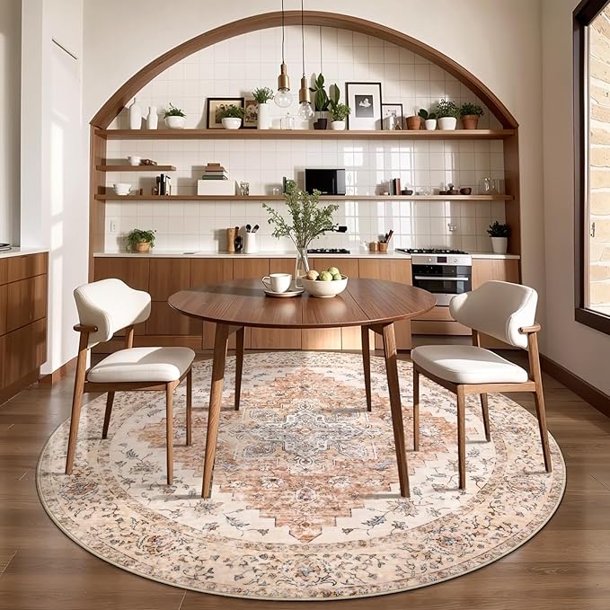 Ciicool Boho Area Rug Washable 6x6ft Round Bedroom Rug Non-Slip Oriental Throw Rug Low-Pile Floor Carpet for Dining Room Living Room(Vintage Cream/Brick)
