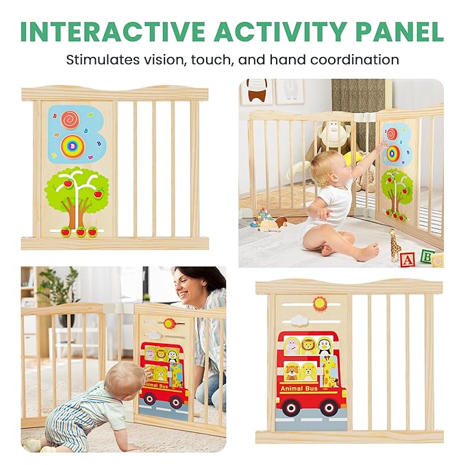 Foldable Wooden Playpen - Adjustable Wood Baby Play Yard with Child-Proof Lock, Indoor Large Safety Fence for Babies and Toddlers - Easy Assembly, 6 Panels with Sensory Toys