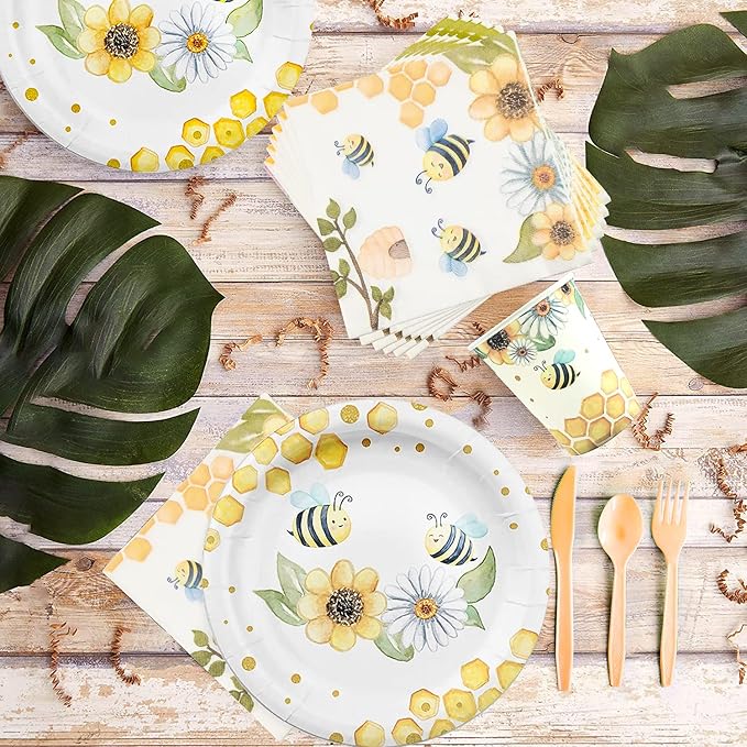 Bee Tableware - Bumble Bee Themed Party Supplies Include Plates, Cup, Napkin, Cutlery, Tablecloth, Straws, Gender Reveal Baby Shower Birthday Party Decorations | Serve 24