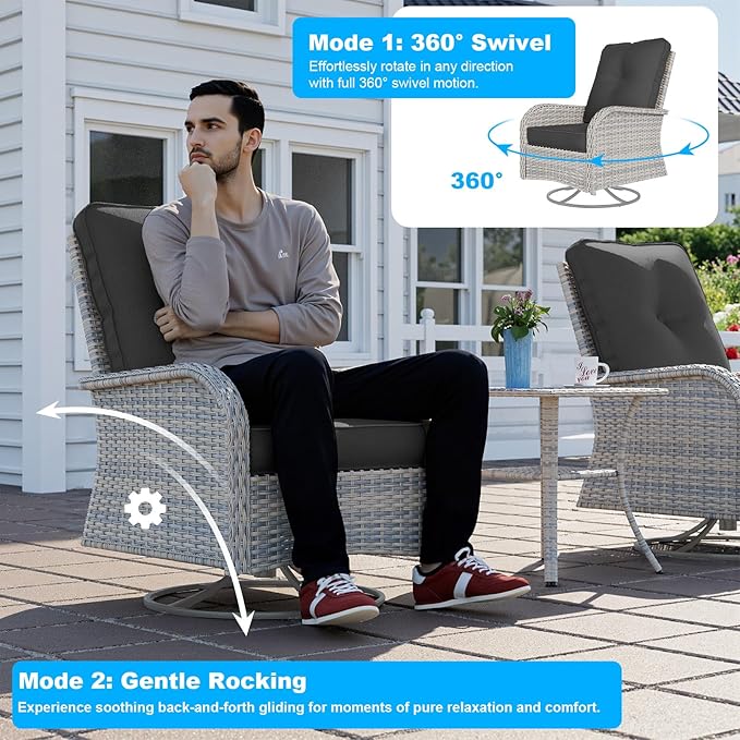 11-Piece Small Patio Furniture Set, Outdoor Swivel Rocking Chairs Set with Ottomans, Patio Bistro Set for Balcony, Deck, Porch, Black