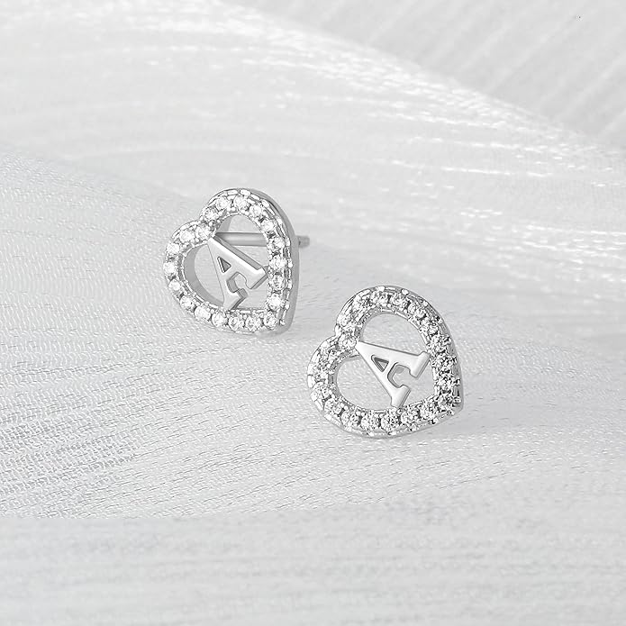 Initial Heart Earrings for Girls, Sterling Silver Post Silver/Rose Gold Heart Initial Stud Earrings for Little Girls Kids Baby Earrings Non Tarnish Hypoallergenic Earrings for Teen Girls Gifts Jewelry