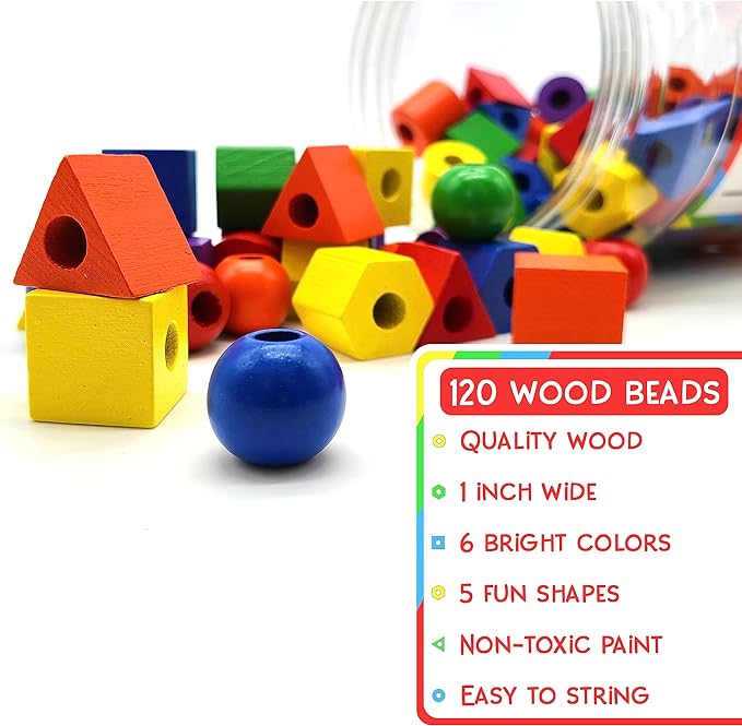 Wooden Lacing Beads for Toddlers 1-3 & 3-5 – 125 PCS with Storage Tub | Stringing Beads for Toddlers 1-3 & Fine Motor Skills Toy for Hand-Eye Coordination & Color Sorting