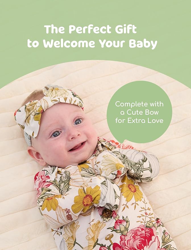 PATPAT Baby Sleeper Gown with Bamboo Viscose for Newborn Girls Boys, Knotted Nightgown with Mittens for Infant Home Coming